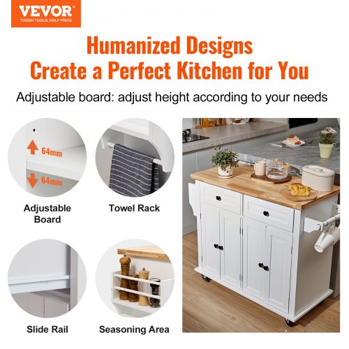 35.4" Kitchen Island Cart Rolling Storage Cabinet Cart with Drawer & Rack