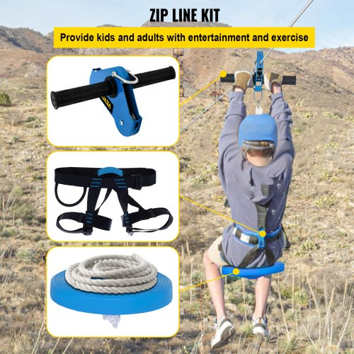 Zipline Kits for Backyard, 80Ft Kids Zipline, Zip Lines for Kids and Adults w/ 250lb Max Capacity, Backyard Zip Line Set w/ Stainless Steel Cable, Zip String Toy w/ Spring Brake & Steel Trolley