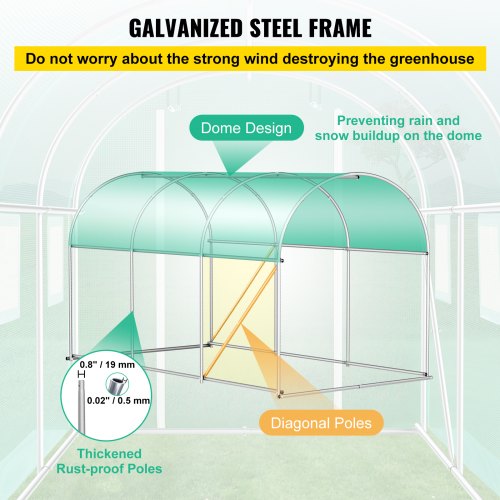 Walk-in Tunnel Greenhouse, 10 x 7 x 7 ft Portable Plant Hot House w/ Galvanized Steel Hoops, 1 Top Beam, Diagonal Poles, Zippered Door & 6 Roll-up Windows, Green