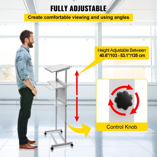 Standing Lectern, Height Adjustment Portable Pulpit, 4 Rolling Casters Lectern Podium Stand, Lower Storage Shelf floor Lectern Podium, White Lecterns & Podiums for Classroom, Concert, Church