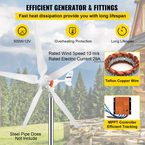 Wind Turbine Generator, 12V/AC Wind Turbine Kit, 500W Wind Power Generator With MPPT Controller 5 Blades Auto Adjust Windward Direction Suitable for Terrace, Marine, Motor Home, Chalet, Boat