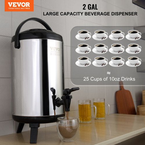 Stainless Steel Insulated Beverage Dispenser, 2 Gallon 7.6 Liter, Thermal Hot and Cold Drink Server Dispenser with Spigot Handle, Food-grade for Hot Tea Coffee Water Restaurant Drink Shop