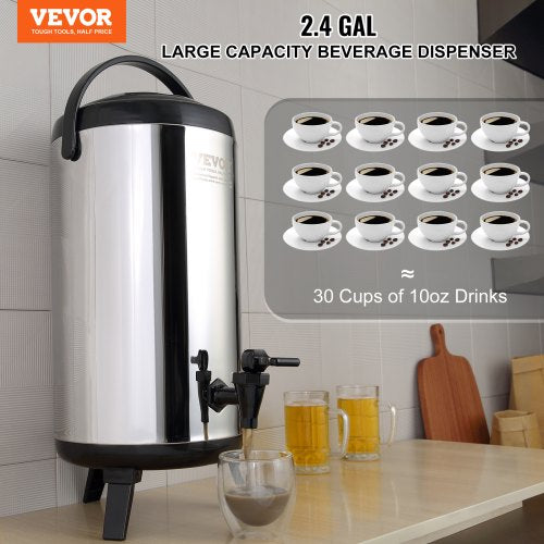Stainless Steel Insulated Beverage Dispenser, 2.4 Gallon 9.2 Liter, Thermal Hot and Cold Drink Server Dispenser with Spigot Handle, Food-grade for Hot Tea Coffee Water Restaurant Drink Shop