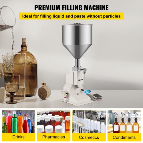 Pneumatic Liquid Filling Machine A02, Pneumatic Paste Filler 5-50ML, with Stainless Steel Hopper Bottle Filling Machine for Water Oil Liquid Cream Honey Skin Care 20-60 Times/Min