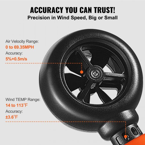 Handheld Anemometer, 14℉-113℉, Digital Wind Speed Meter Gauge with LED Backlight Screen, Measures Wind Velocity Wind Temperature Air Flow Wind Chill, for Sailing Surfing Drone Flying HVAC