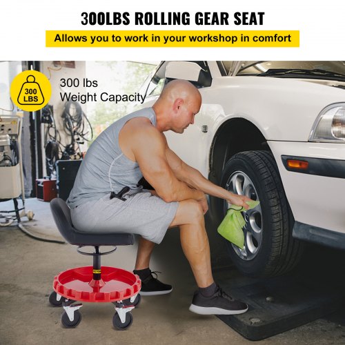 Shop Stool, 400 LBS Rolling Garage Stool, 56 cm to 66 cm Adjustable Height Mobile Rolling Gear Seat, Round Tray Garage Pneumatic Stool, All-Terrain 5" Casters with Two Brakes Mechanic Seat