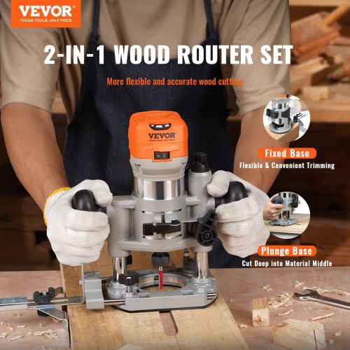 Wood Router, 1.25HP 800W, Compact Wood Trimmer Router Combo Tool with Plunge and Fixed Base, 30000RPM 6 Variable Speeds, with 1/4'' & 5/16'' Collets Dust Hood, for Woodworking Slotting Trimming
