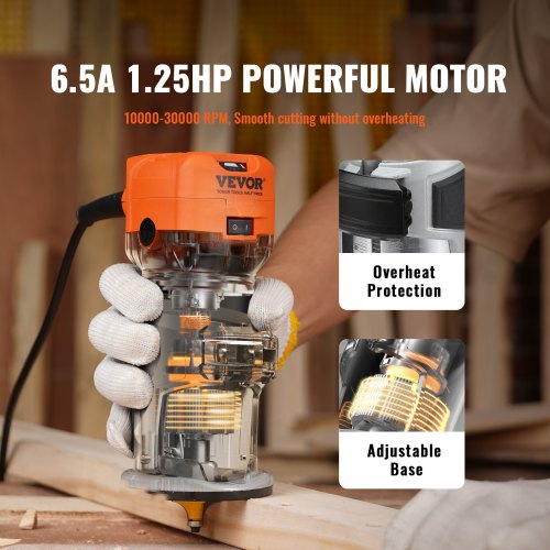 Wood Router, 1.25HP 800W, Compact Wood Trimmer Router Combo Tool with Plunge and Fixed Base, 30000RPM 6 Variable Speeds, with 1/4'' & 5/16'' Collets Dust Hood, for Woodworking Slotting Trimming