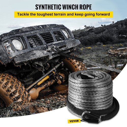 Winch Rope, 3/8" x 95' Synthetic Winch Rope, 20500lbs Stainless Steel Protective Sleeve, Protective Thimble Sleeve for SUV ATV UTV Truck Jeep