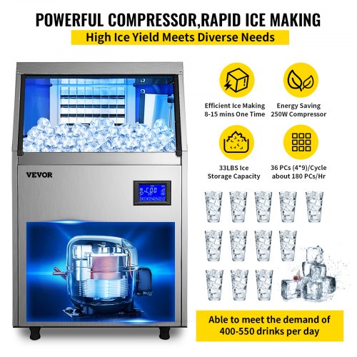 Commercial Ice Maker 220V Stainless Steel Ice Cube Maker Machine 110LBS/24H Ice Making Machine Intelligent LCD Control Panel with Water Drain Pump for Home Bars Restaurants