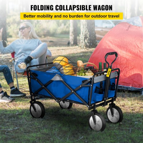 Folding Wagon Cart, 176 lbs Load, Outdoor Utility Collapsible Wagon w/ Adjustable Handle & Universal Wheels, Portable for Camping, Grocery, Beach, Blue & Gray