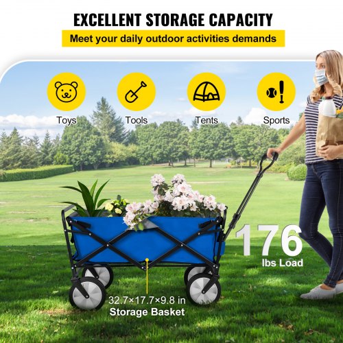 Folding Wagon Cart, 176 lbs Load, Outdoor Utility Collapsible Wagon w/ Adjustable Handle & Universal Wheels, Portable for Camping, Grocery, Beach, Blue & Gray