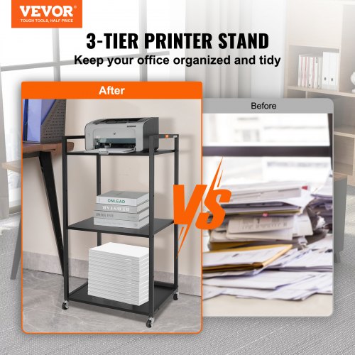 Printer Stand with Wheels, Height Adjustable 3 Tier Printer Stand, Printer Cart with Storage Shelves for Printer, Scanner, Fax, Home Office Use, CARB Certified, Black