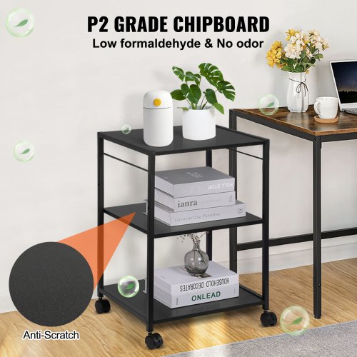Printer Stand, Height Adjustable 3 Tier Printer Stand, Printer Cart with Storage Shelves and Hooks for Printer, Scanner, Fax, Home Office Use, EPA Certified, Black