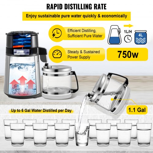 Silver Water Distiller Machine 750W Adjustable Temperature Water Distiller 4L Wine Making Set Brewing Kit Stainless Steel Inner Distiller with Adjustable Temperature for Kitchen Homes