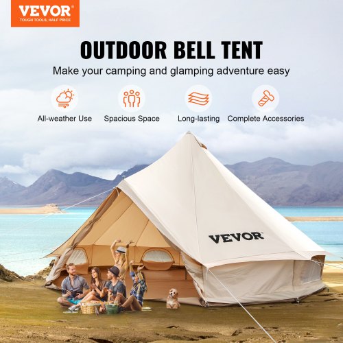 6M Bell Tent 10-12 Persons Canvas Tent with Stove Hole Cotton Canvas Tents Yurt Tent for Camping 4-Season Waterproof Bell Tent for Family Camping Outdoor Hunting