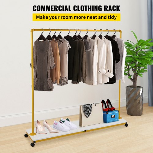 Clothing Garment Rack, 150 x 36 x 160 cm, Heavy-duty Clothes Rack w/ Bottom Shelf, 4 Swivel Casters, Sturdy Steel Frame, Rolling Clothes Organizer for Laundry Room Retail Store Boutique, Gold
