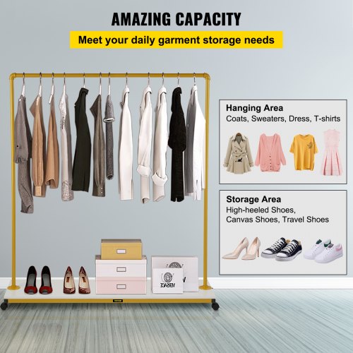 Clothing Garment Rack, 150 x 36 x 160 cm, Heavy-duty Clothes Rack w/ Bottom Shelf, 4 Swivel Casters, Sturdy Steel Frame, Rolling Clothes Organizer for Laundry Room Retail Store Boutique, Gold