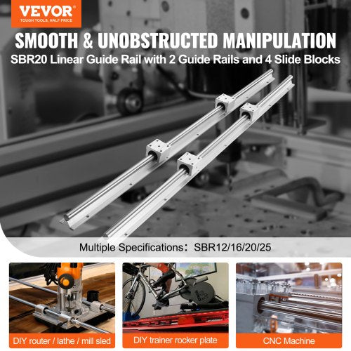 Linear Guide Rail Set, SBR20 1200mm, 2 PCS 47.2 in/1200 mm SBR20 Guide Rails and 4 PCS SBR20UU Slide Blocks, Linear Rails and Bearings Kit for Automated Machines DIY Project CNC Router Machines