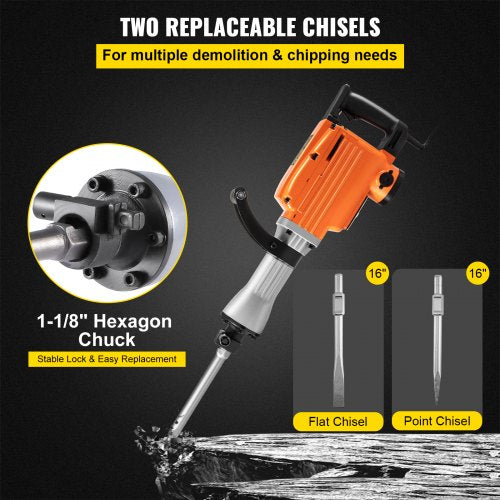 Demolition Jack Hammer, 2600W 1800BPM, 1-1/8" Hex Heavy Duty Concrete Breaker w/ Chisel, Case & Gloves, 220V Industrial Electric Jackhammer for Demolishing, Chipping & Demo, CE Approved, Orange
