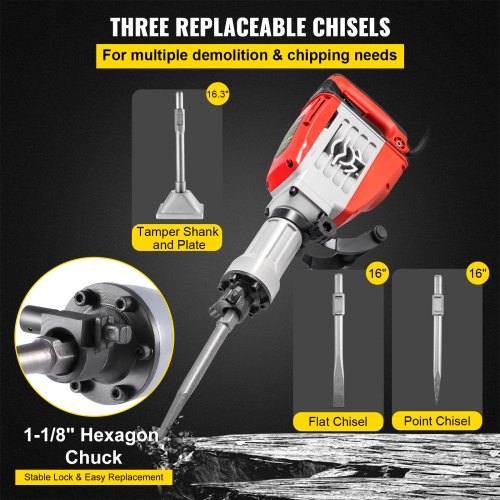 Demolition Jack Hammer, 3800W 1800BPM, 1-1/8" Hex Heavy Duty Concrete Breaker w/ Chisel, Case & Gloves, 220V Industrial Electric Jackhammer for Demolishing, Chipping & Demo, CE Approved, Red