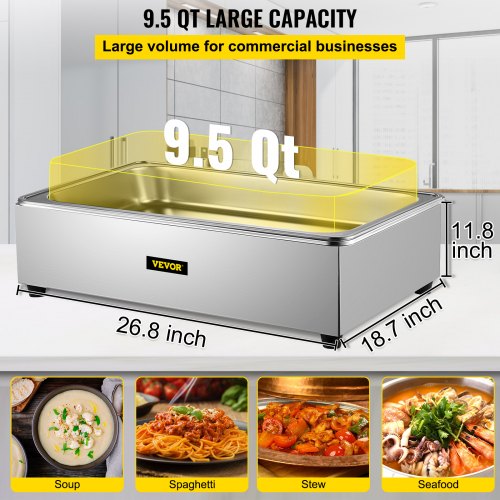 Commercial Food Warmer, Full-Size 1 Pot Steam Table with Lid, 9.5 Quart Electric Soup Warmers, Grade Stainless Steel Bain Marie Buffet Equipment, Fits 21 x 13.2 Pan, 400W, for Restaurant, Sliver