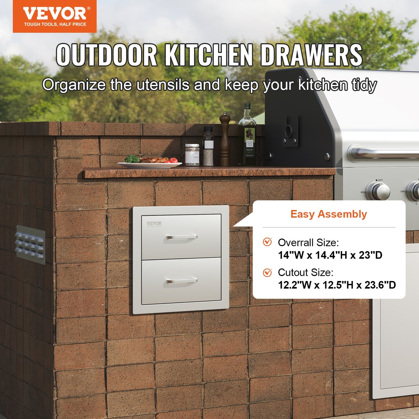 Outdoor Kitchen Drawer 14 x 14.37 x 23 Inch Stainless Steel BBQ Island Storage Drawer BBQ Door Triple Drawer Storage with Chrome Handle Flush Mount Sliver