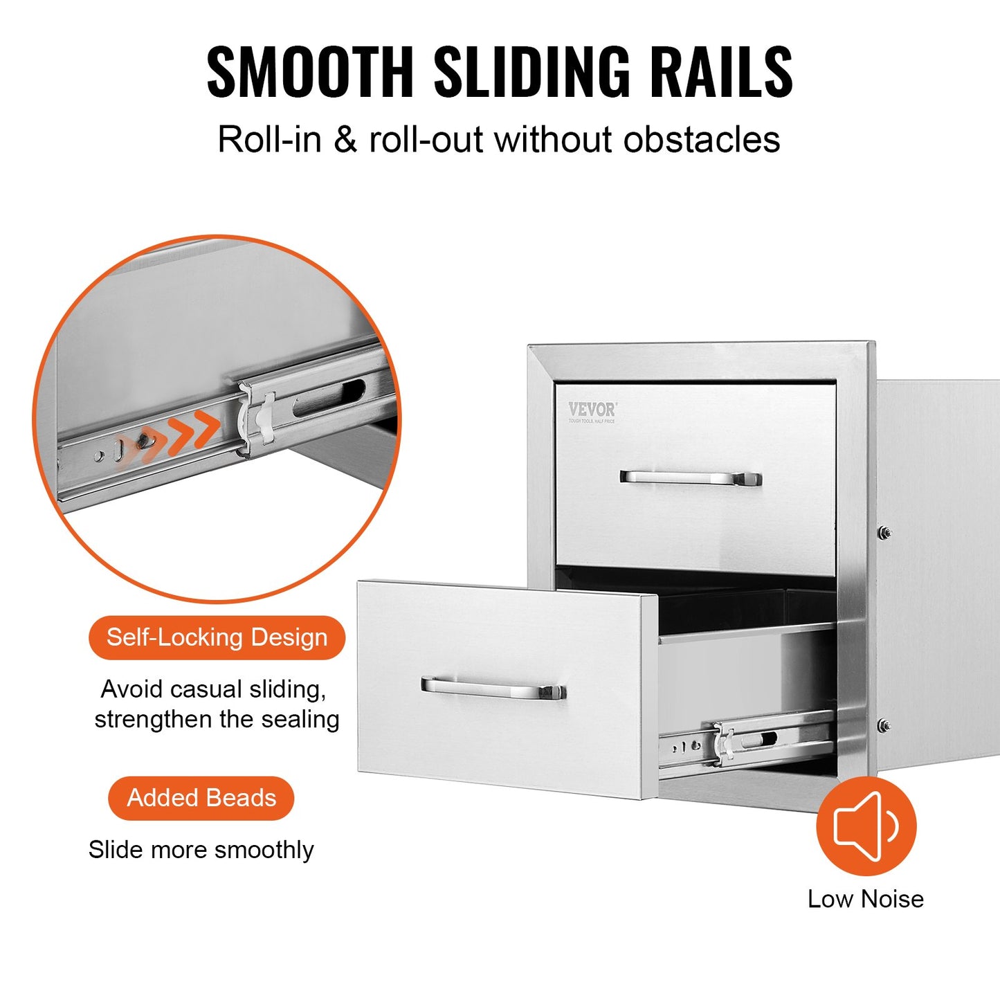 Outdoor Kitchen Drawer 14 x 14.37 x 23 Inch Stainless Steel BBQ Island Storage Drawer BBQ Door Triple Drawer Storage with Chrome Handle Flush Mount Sliver