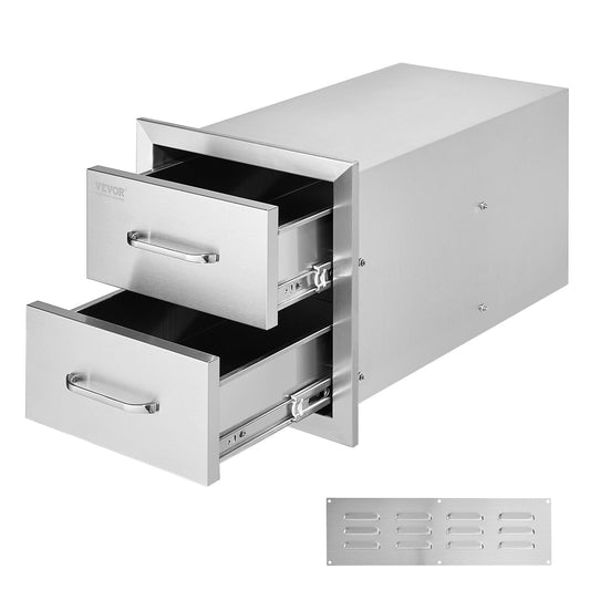 Outdoor Kitchen Drawer 14 x 14.37 x 23 Inch Stainless Steel BBQ Island Storage Drawer BBQ Door Triple Drawer Storage with Chrome Handle Flush Mount Sliver