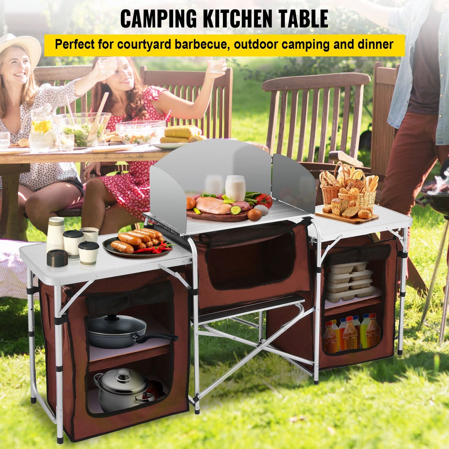 Camping Kitchen Table Folding Outdoor Camping Kitchen Portable Camping Kitchen Storage Table Camping Folding Cupboard with MDF Boards and Windshield for Camping and BBQ