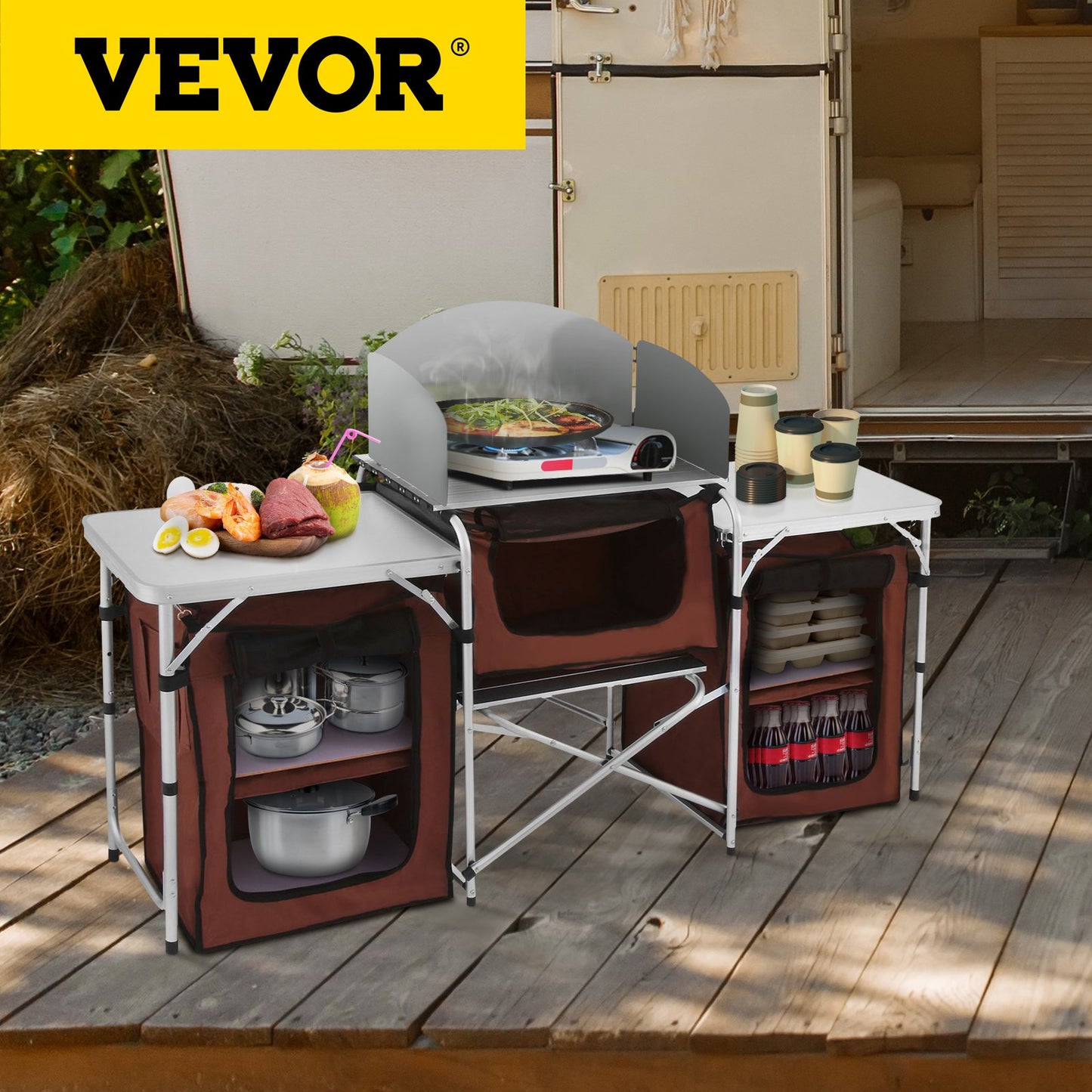 Camping Kitchen Table Folding Outdoor Camping Kitchen Portable Camping Kitchen Storage Table Camping Folding Cupboard with MDF Boards and Windshield for Camping and BBQ