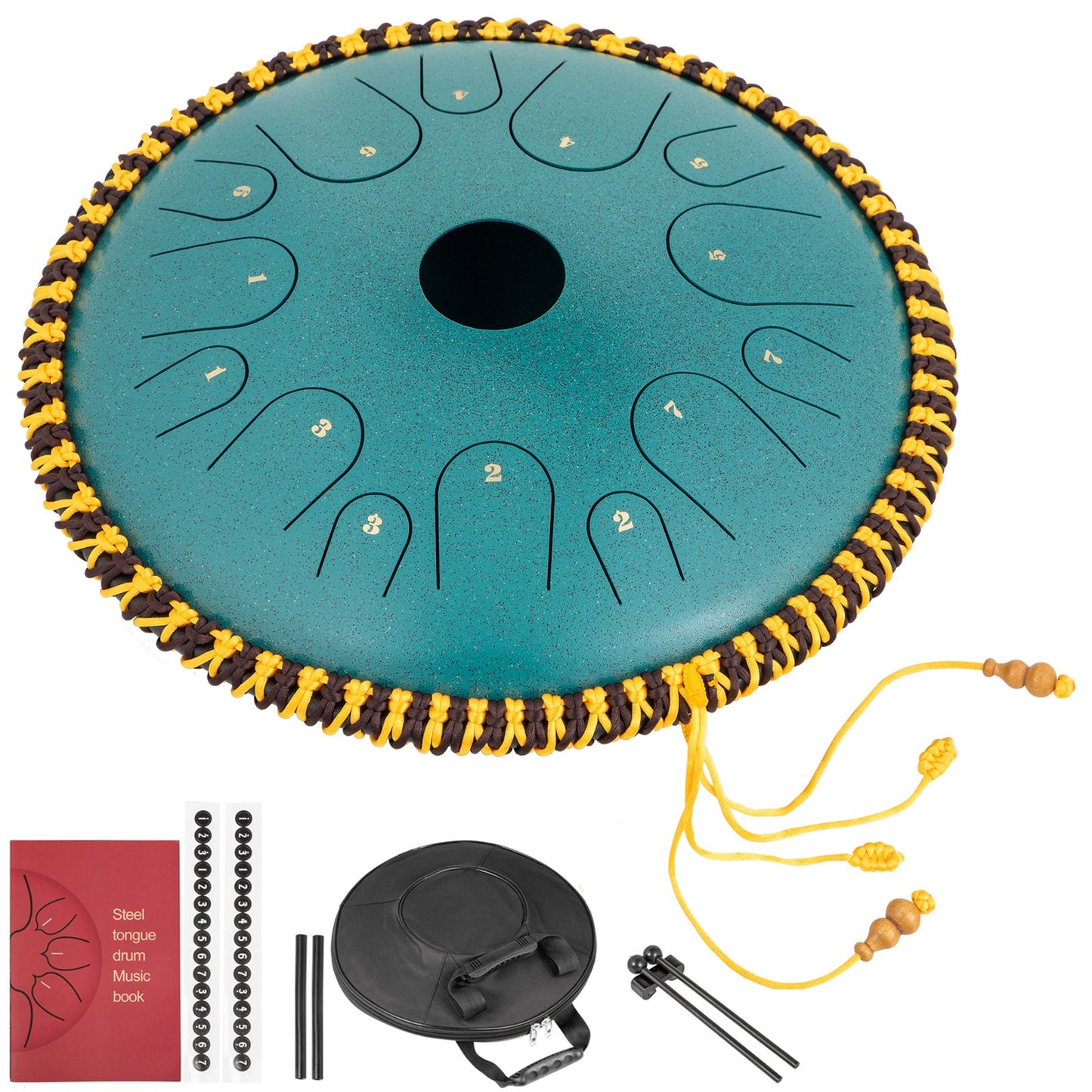 Tongue Drum 14 Notes Dish Shape Drum 14 Inches Dia. Manual Percussion Pure Copper Steel Tongues 14 Notes Steel Tongue Handpan Drum with Rope Decoration and Mallets,Bag, Music Book, Mineral Green