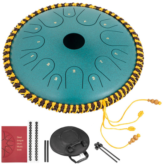 Tongue Drum 14 Notes Dish Shape Drum 14 Inches Dia. Manual Percussion Pure Copper Steel Tongues 14 Notes Steel Tongue Handpan Drum with Rope Decoration and Mallets,Bag, Music Book, Mineral Green
