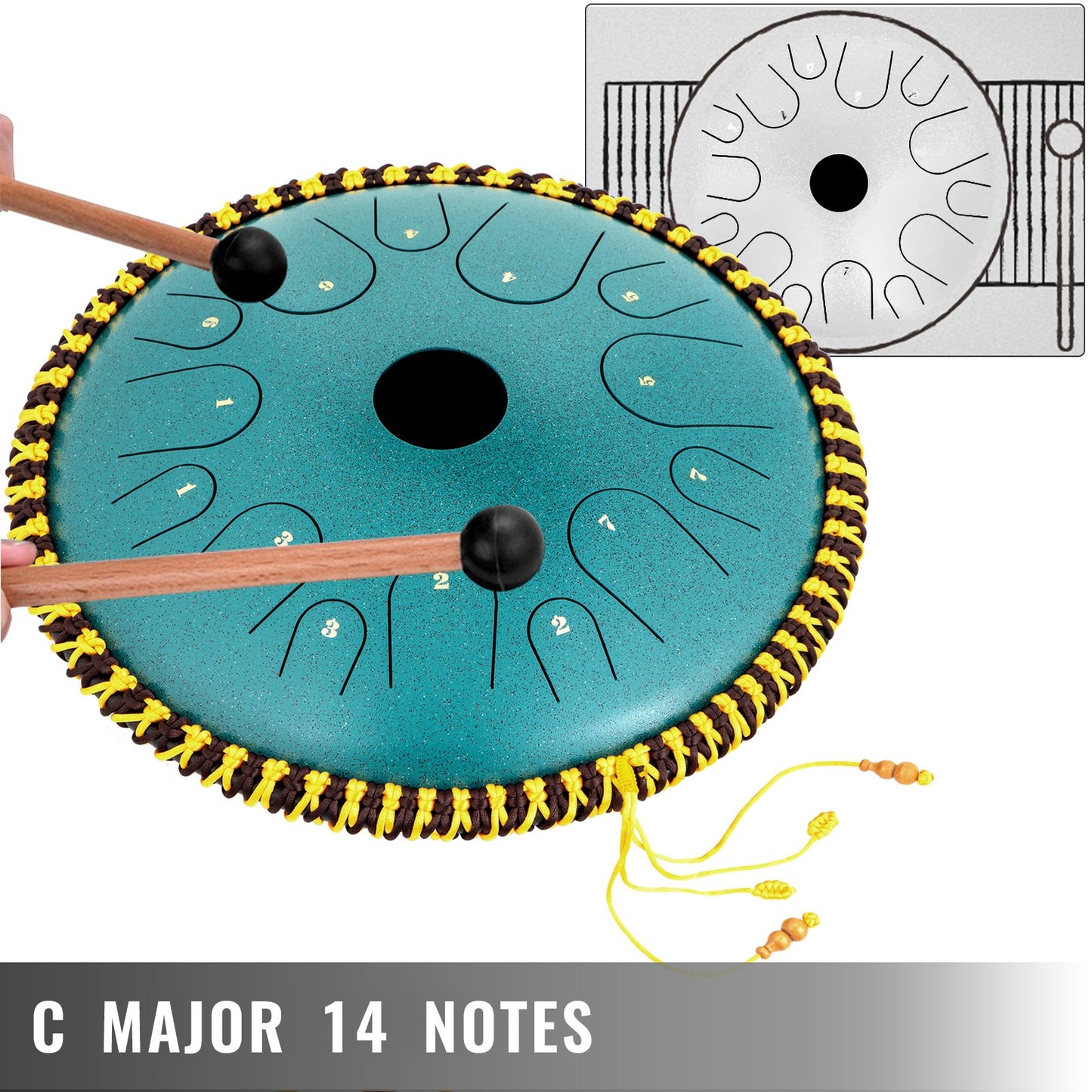 Tongue Drum 14 Notes Dish Shape Drum 14 Inches Dia. Manual Percussion Pure Copper Steel Tongues 14 Notes Steel Tongue Handpan Drum with Rope Decoration and Mallets,Bag, Music Book, Mineral Green