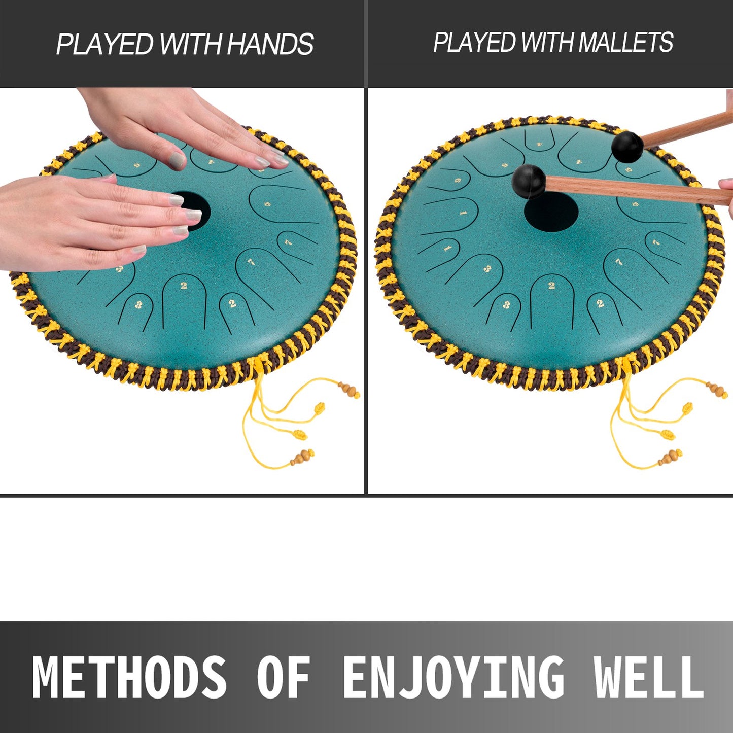 Tongue Drum 14 Notes Dish Shape Drum 14 Inches Dia. Manual Percussion Pure Copper Steel Tongues 14 Notes Steel Tongue Handpan Drum with Rope Decoration and Mallets,Bag, Music Book, Mineral Green