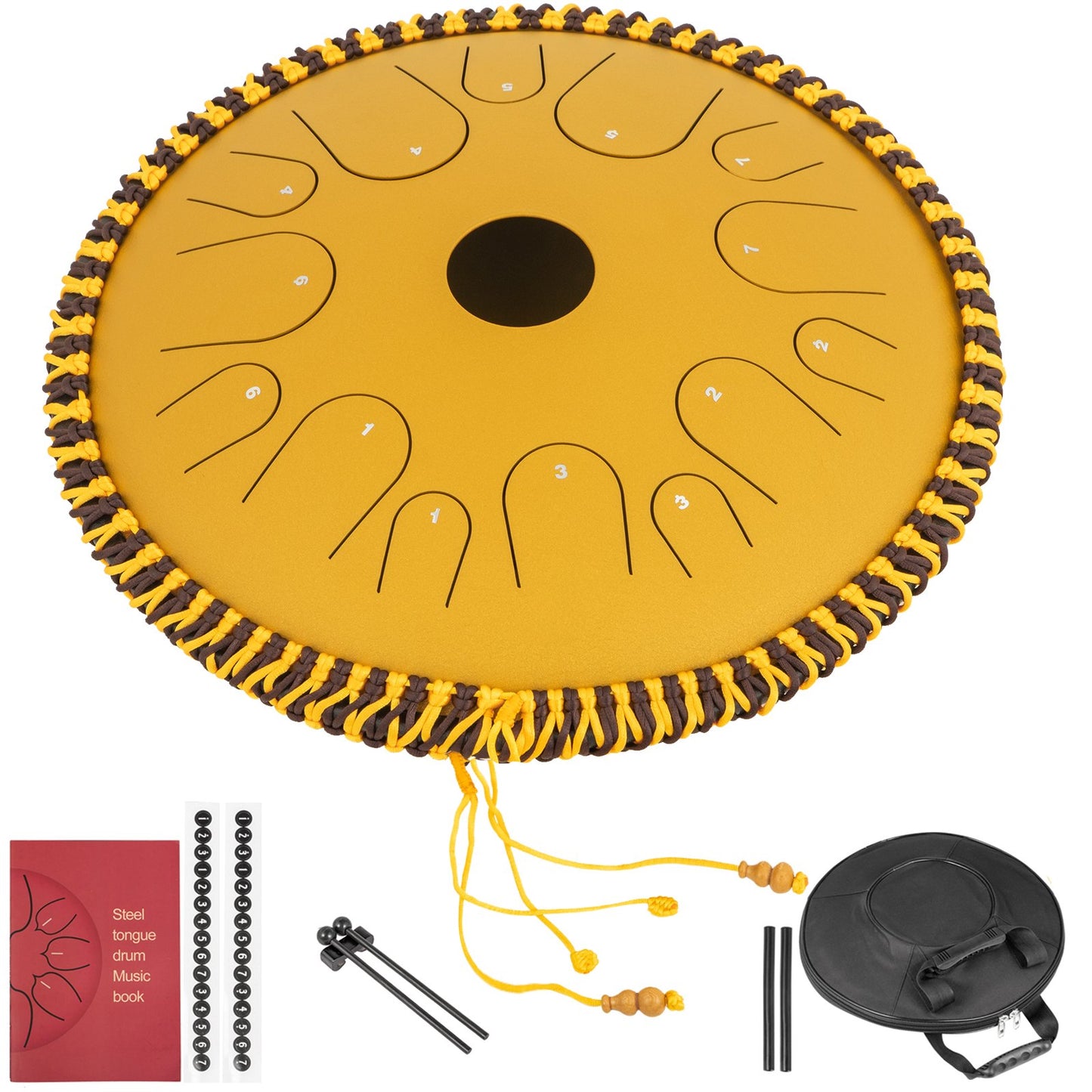 Tongue Drum 14 Notes Dish Shape Drum 14 Inches Dia. Manual Percussion Pure Copper Steel Tongues 14 Notes Steel Tongue Handpan Drum with Rope Decoration and Mallets,Bag, Music Book, Golden