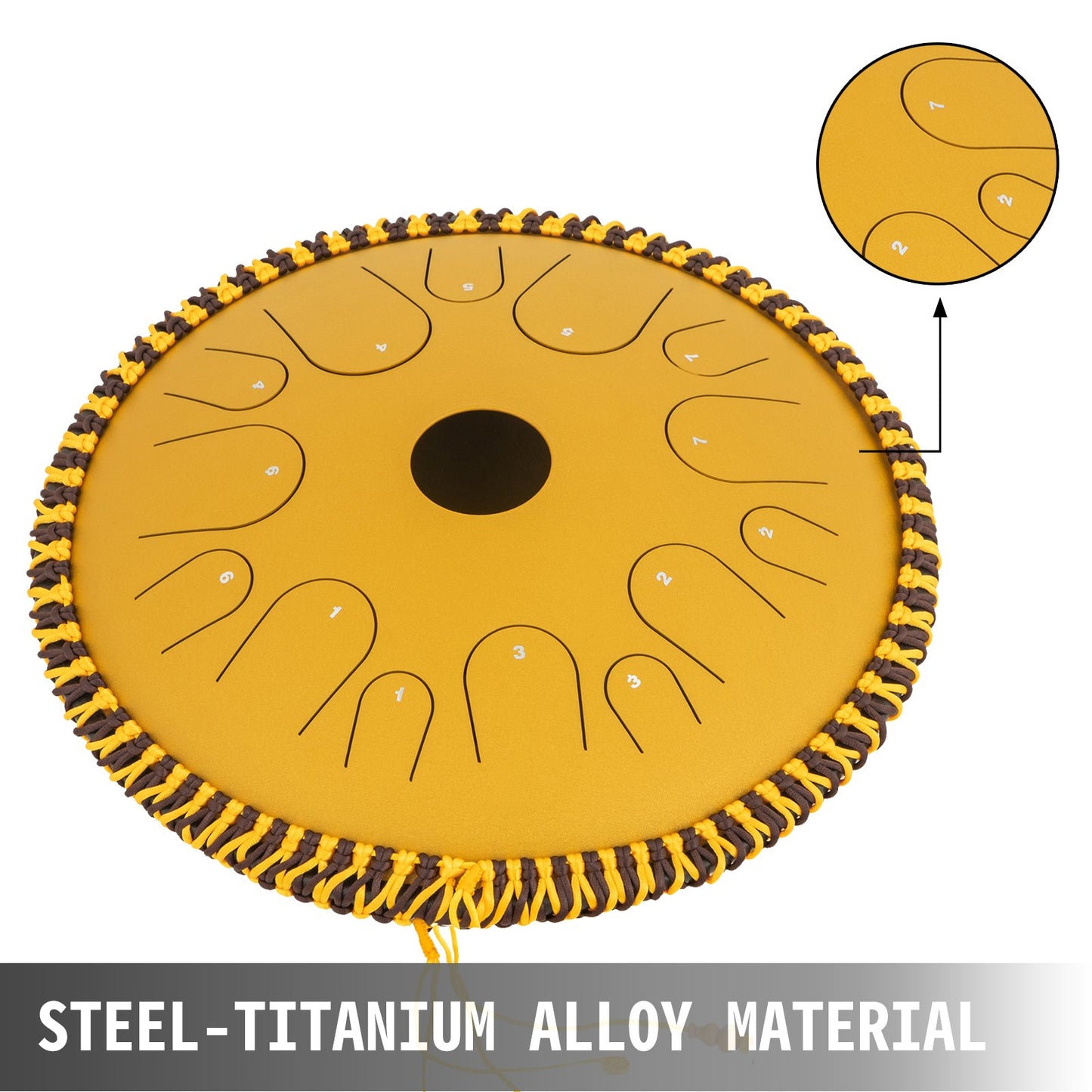 Tongue Drum 14 Notes Dish Shape Drum 14 Inches Dia. Manual Percussion Pure Copper Steel Tongues 14 Notes Steel Tongue Handpan Drum with Rope Decoration and Mallets,Bag, Music Book, Golden