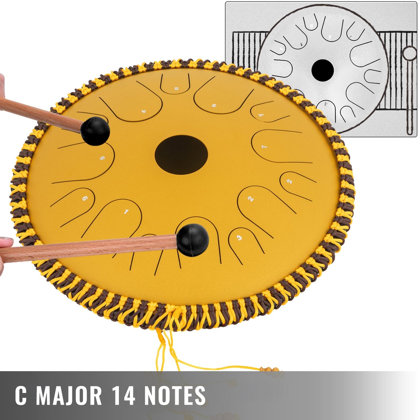 Tongue Drum 14 Notes Dish Shape Drum 14 Inches Dia. Manual Percussion Pure Copper Steel Tongues 14 Notes Steel Tongue Handpan Drum with Rope Decoration and Mallets,Bag, Music Book, Golden