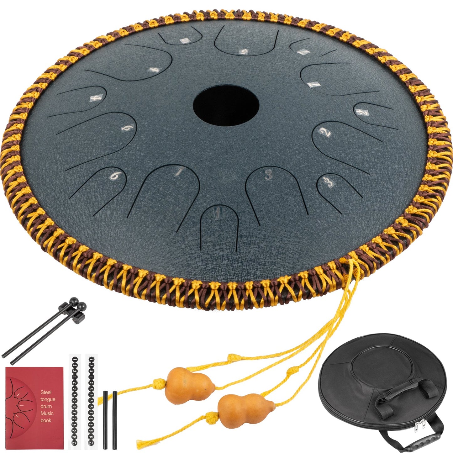 Navy Blue Tongue Drum 14 Notes Dish Shape Drum 14 Inches Dia. Manual Percussion Pure Copper Steel Tongues 14 Notes Steel Tongue Handpan Drum with Rope Decoration and Mallets,Bag, Music Book