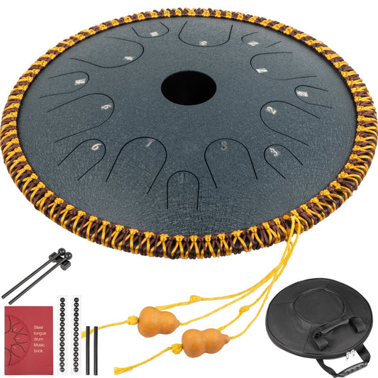 Navy Blue Tongue Drum 14 Notes Dish Shape Drum 14 Inches Dia. Manual Percussion Pure Copper Steel Tongues 14 Notes Steel Tongue Handpan Drum with Rope Decoration and Mallets,Bag, Music Book