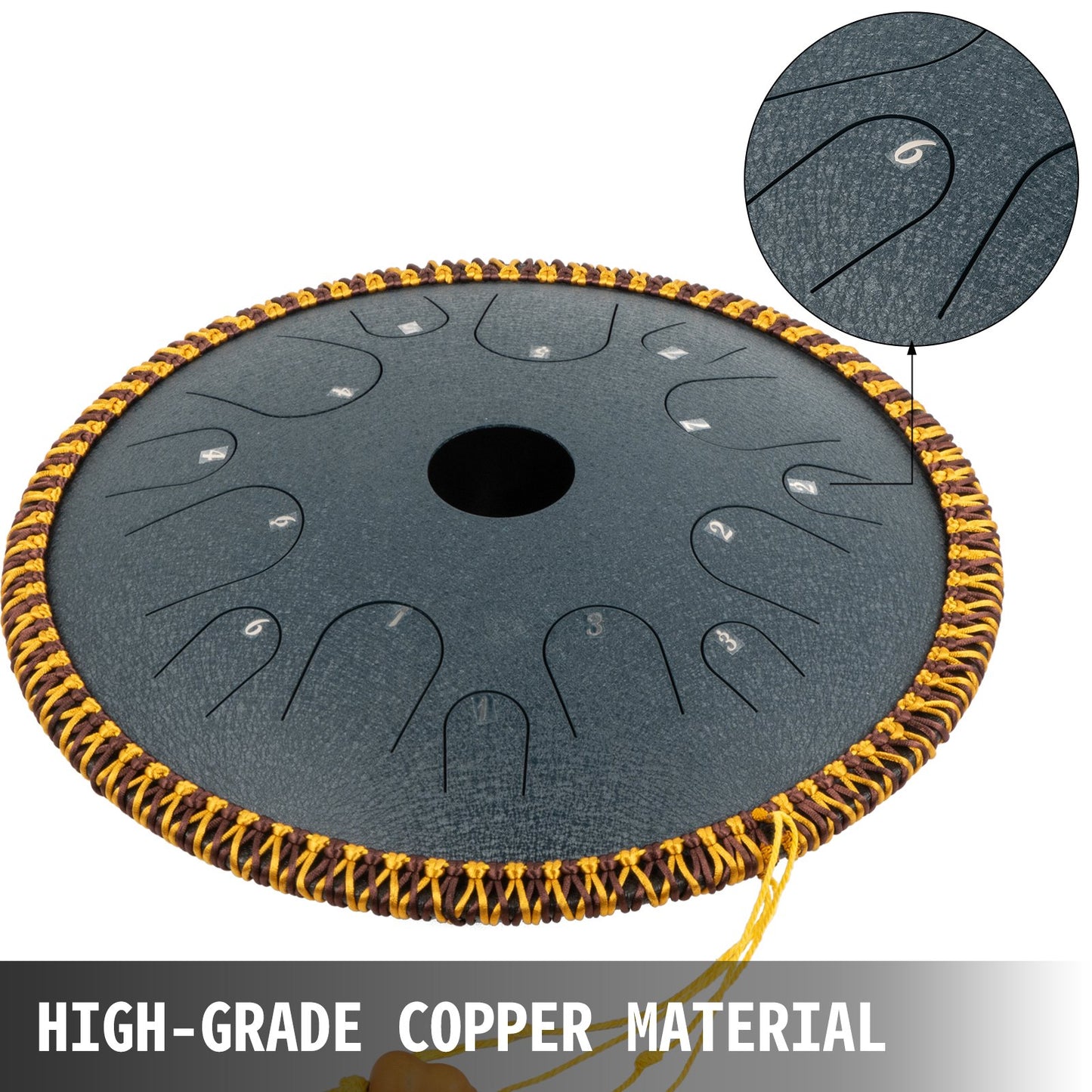 Navy Blue Tongue Drum 14 Notes Dish Shape Drum 14 Inches Dia. Manual Percussion Pure Copper Steel Tongues 14 Notes Steel Tongue Handpan Drum with Rope Decoration and Mallets,Bag, Music Book
