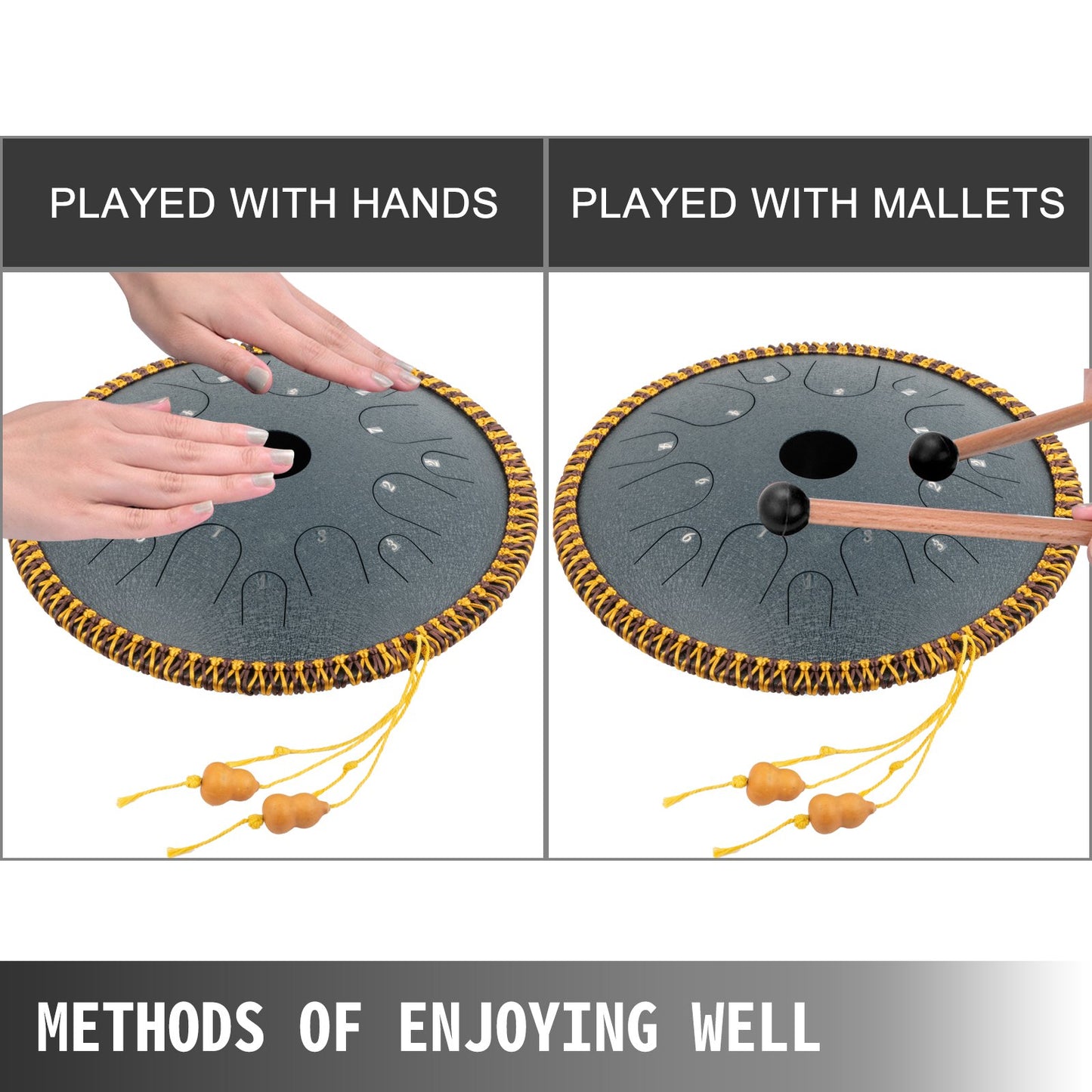 Navy Blue Tongue Drum 14 Notes Dish Shape Drum 14 Inches Dia. Manual Percussion Pure Copper Steel Tongues 14 Notes Steel Tongue Handpan Drum with Rope Decoration and Mallets,Bag, Music Book