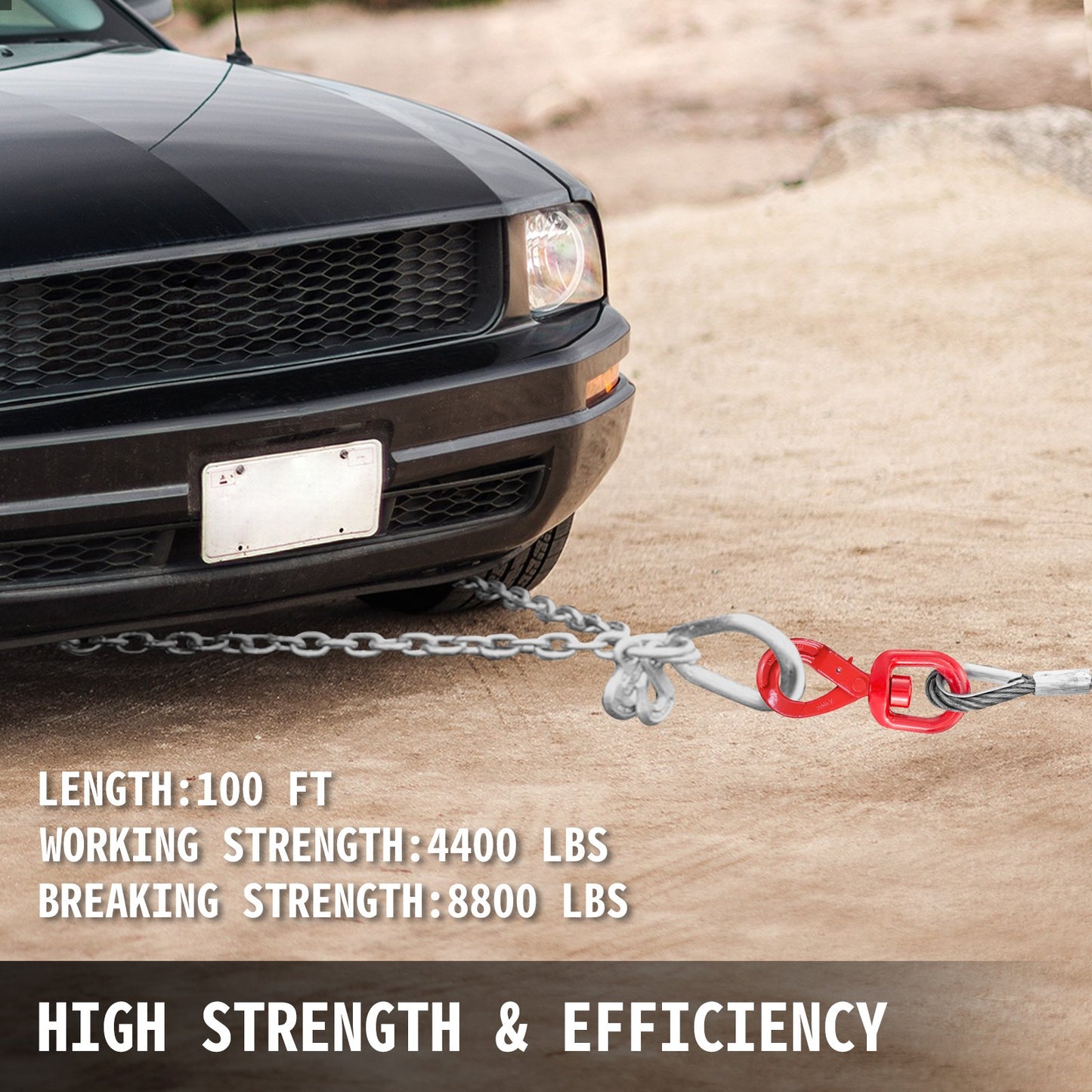 Galvanized Steel Winch Cable, 3/8" x 100' - Wire Rope with Hook, 8800 Lbs Breaking Strength - Towing Cable Heavy Duty, 6x19 Strand Core - for Rollback, Crane, Wrecker, Tow Truck