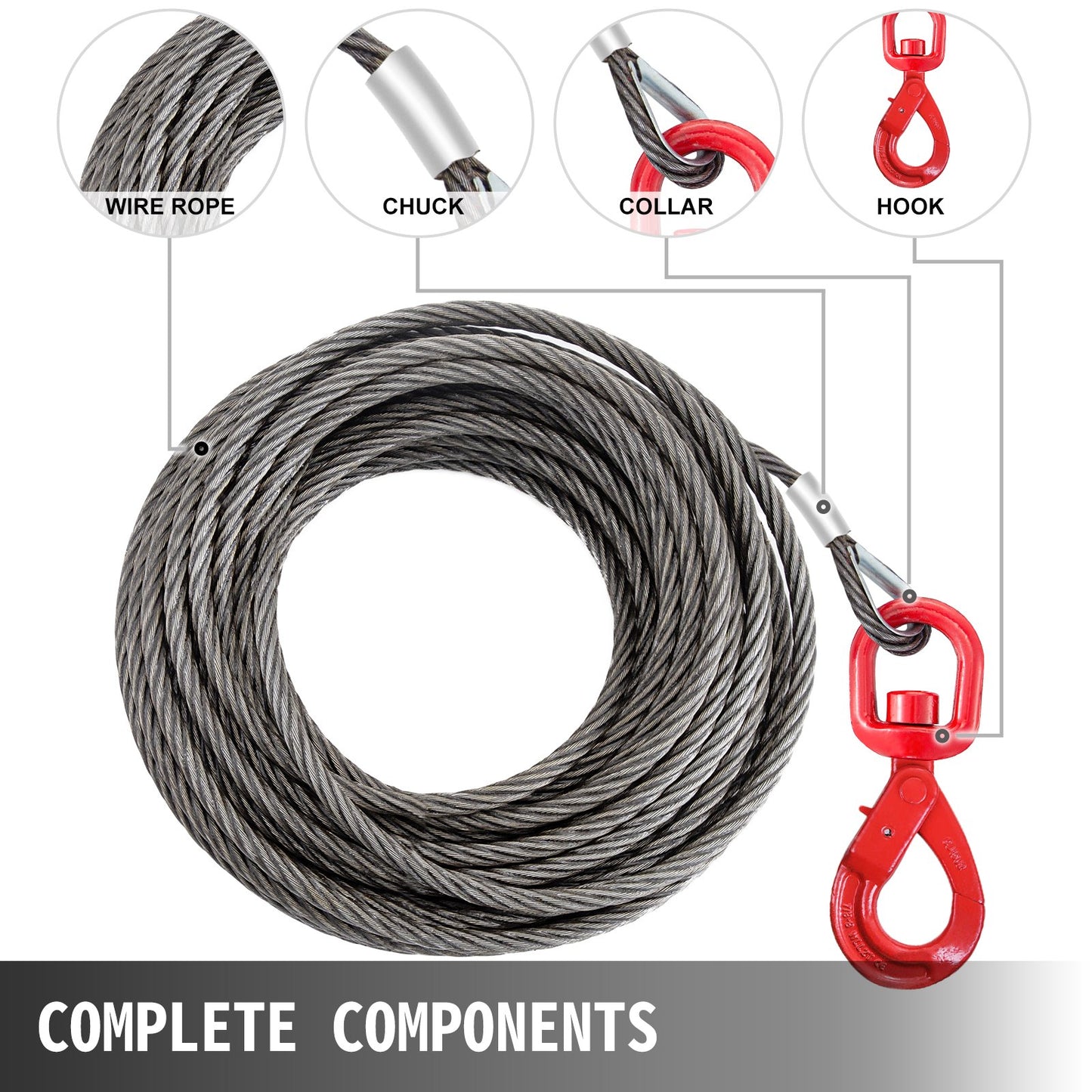 Galvanized Steel Winch Cable, 3/8" x 100' - Wire Rope with Hook, 8800 Lbs Breaking Strength - Towing Cable Heavy Duty, 6x19 Strand Core - for Rollback, Crane, Wrecker, Tow Truck