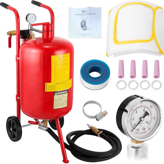 10 Gallon/38L Sandblaster Equipped with Nozzle Shut-Off Valve Pressure Gauge Ceramic Nozzle 2.5m Hose Filling Funnel Watertrap 6" Rubber Wheels Grit Blasting Blast Sandblasting