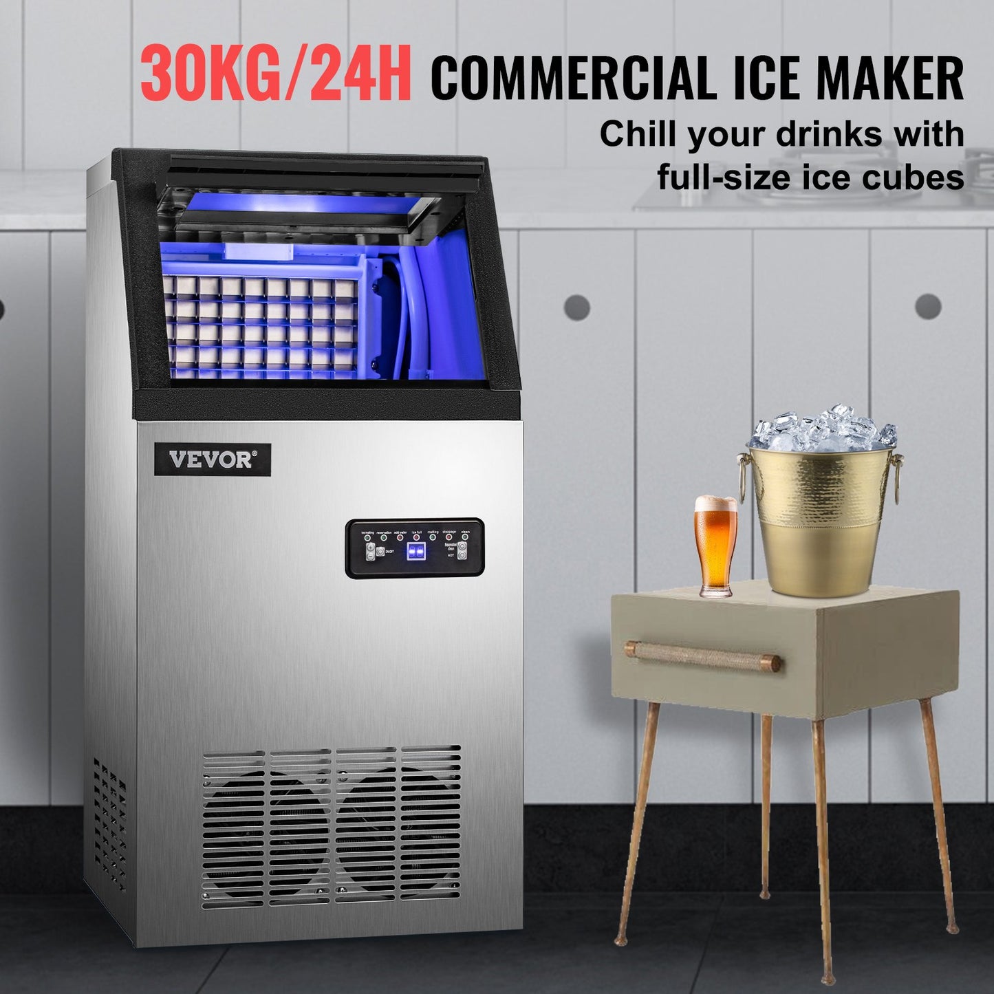 Commercial Ice Maker, 132 LBS/24H, Stainless Steel Ice Cube Maker Machine w/ 22 LBS Storage, 410W Ice Making Machine w/ LED Control Panel Water Filter Pipes Ice Scoop for Bars Restaurants, 220V