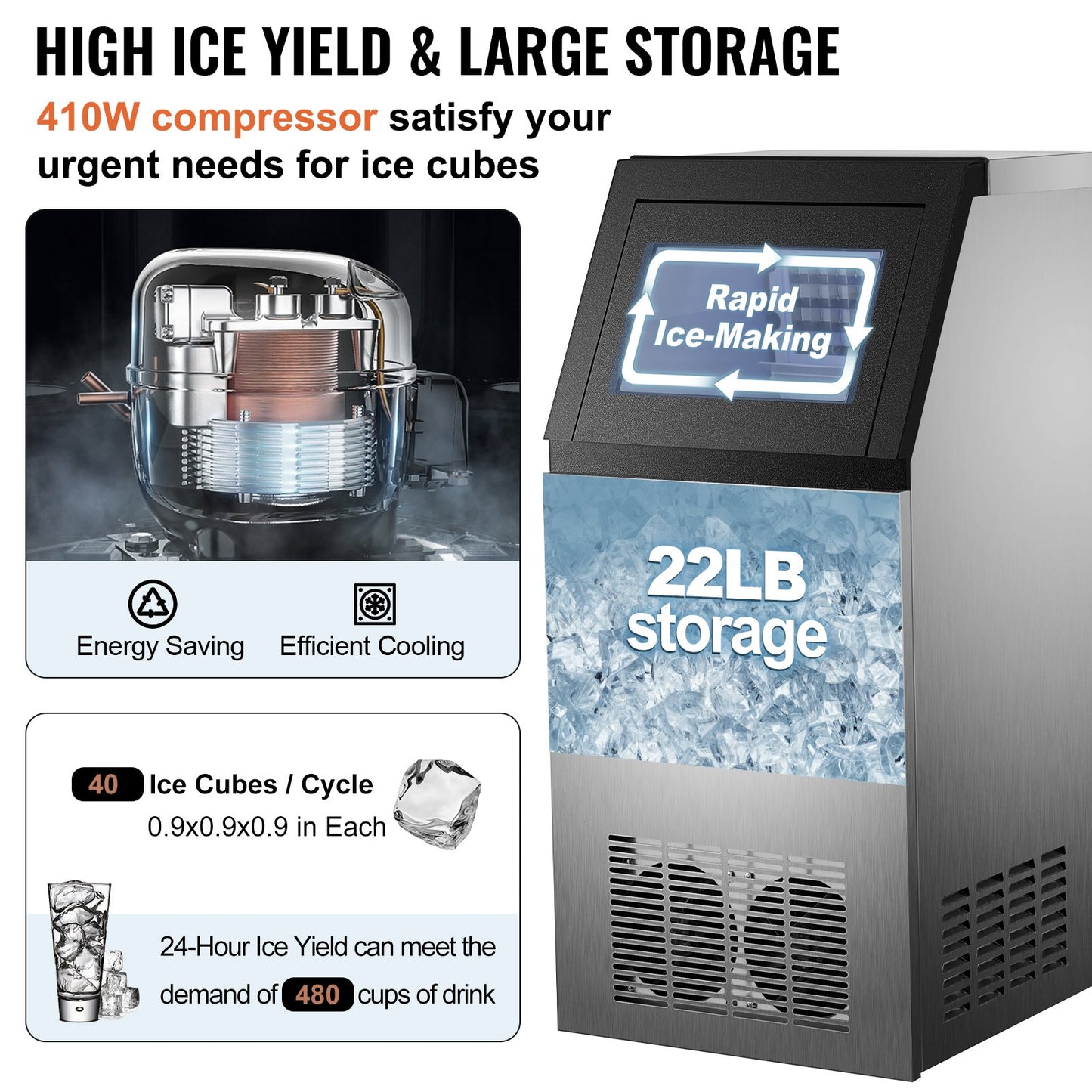 Commercial Ice Maker, 132 LBS/24H, Stainless Steel Ice Cube Maker Machine w/ 22 LBS Storage, 410W Ice Making Machine w/ LED Control Panel Water Filter Pipes Ice Scoop for Bars Restaurants, 220V