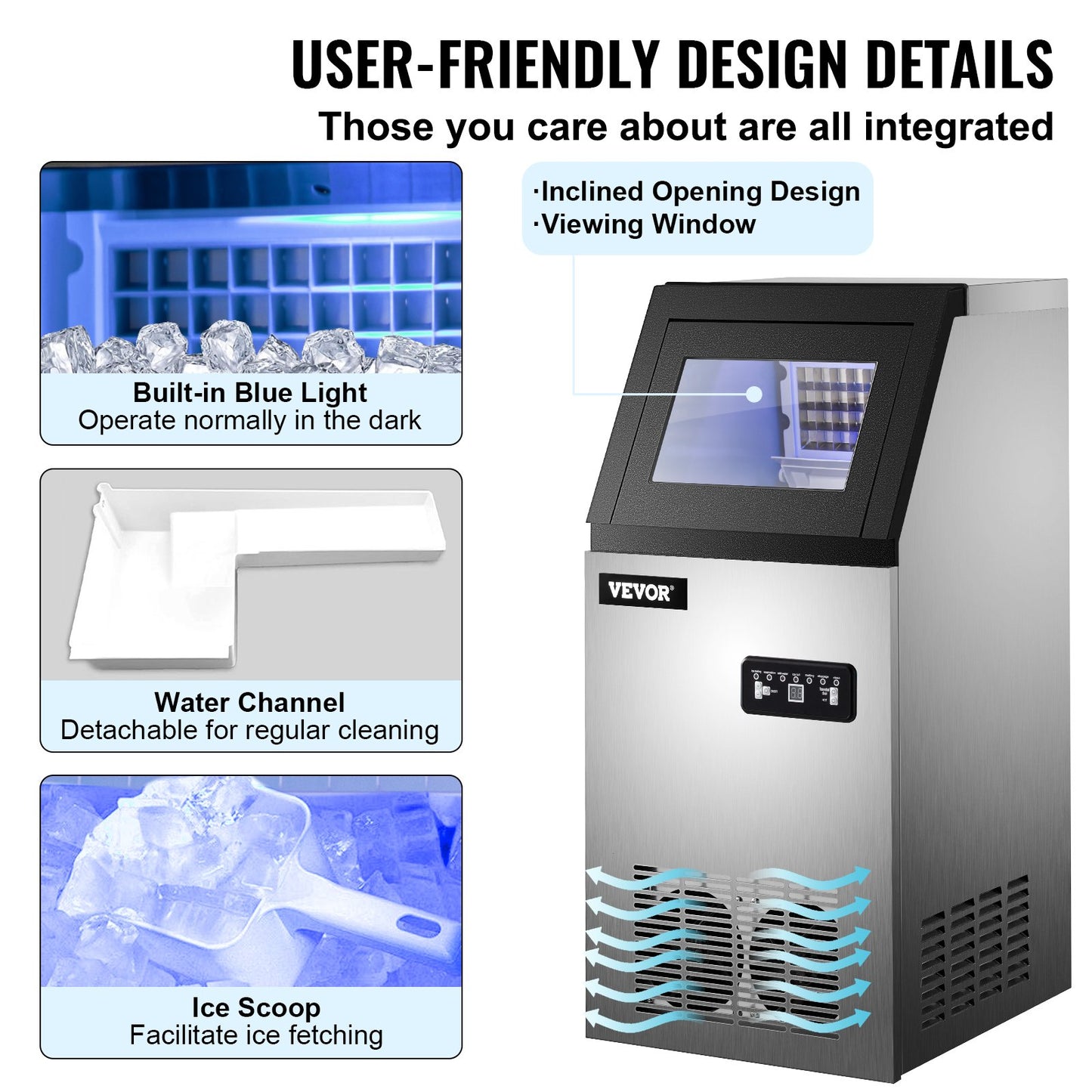 Commercial Ice Maker, 132 LBS/24H, Stainless Steel Ice Cube Maker Machine w/ 22 LBS Storage, 410W Ice Making Machine w/ LED Control Panel Water Filter Pipes Ice Scoop for Bars Restaurants, 220V