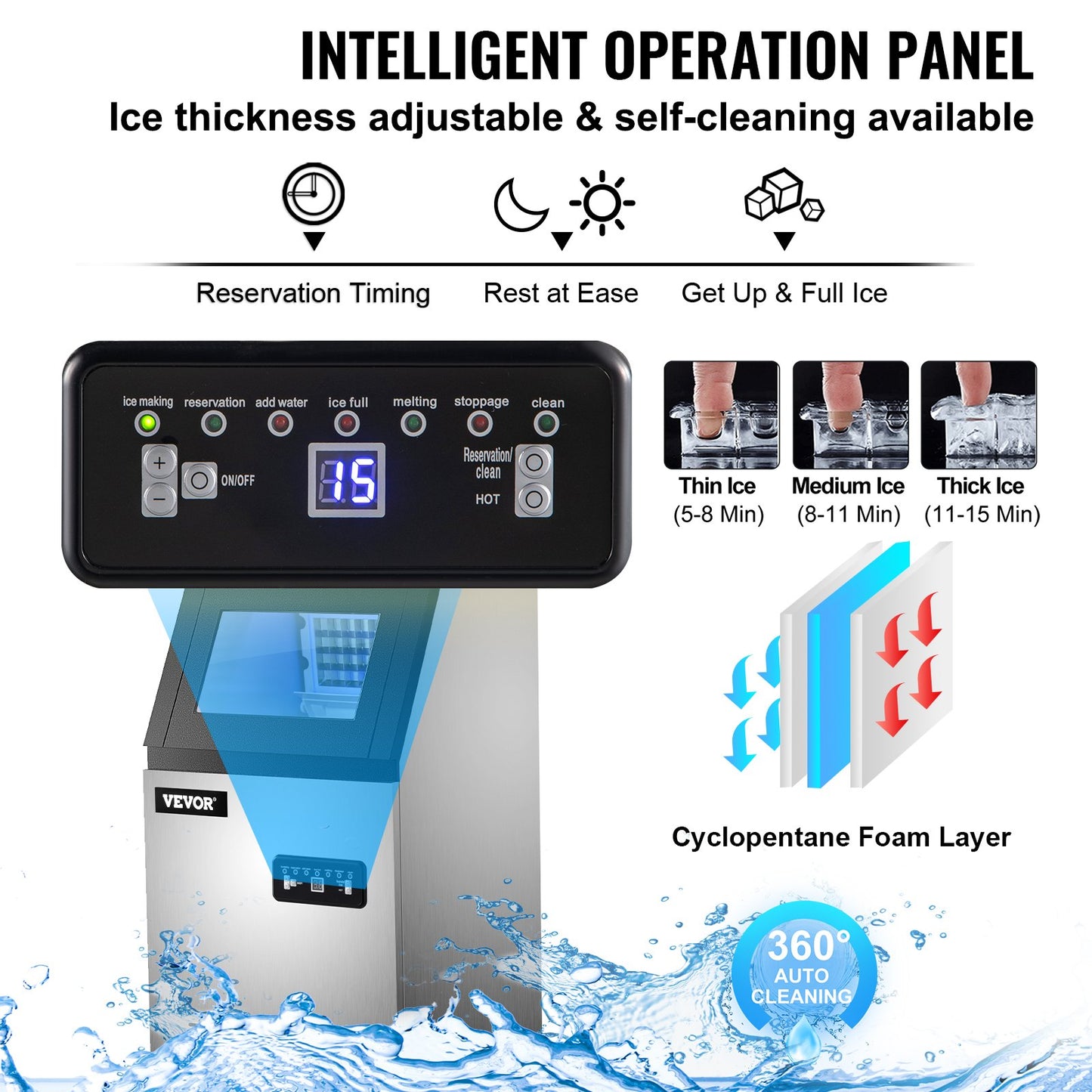 Commercial Ice Maker, 150 LBS/24H, Stainless Steel Ice Cube Maker Machine w/ 22 LBS Storage, 410W Ice Making Machine w/ LED Control Panel Water Filter Pipes Ice Scoop for Bars Restaurants, 220V