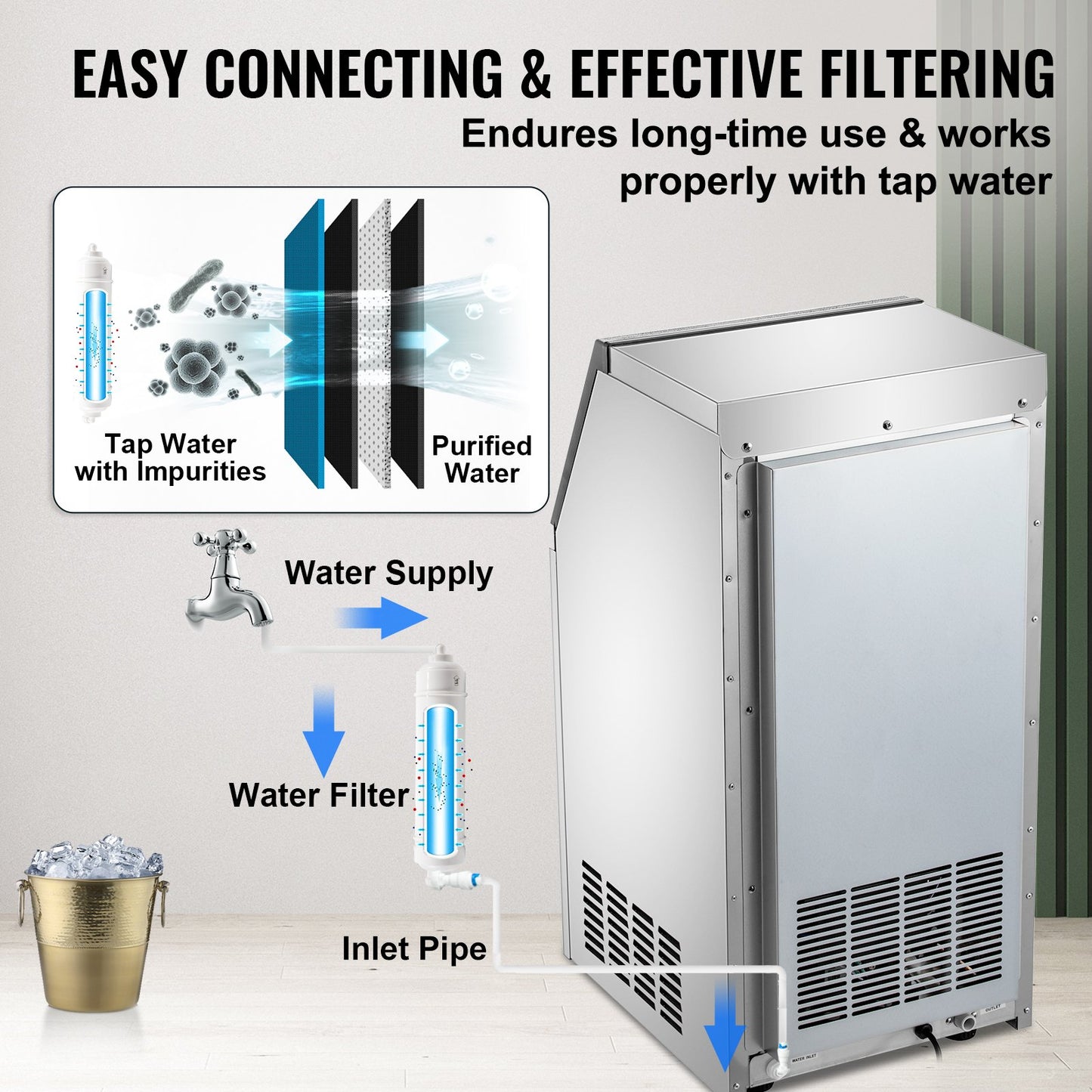 Commercial Ice Maker, 150 LBS/24H, Stainless Steel Ice Cube Maker Machine w/ 22 LBS Storage, 410W Ice Making Machine w/ LED Control Panel Water Filter Pipes Ice Scoop for Bars Restaurants, 220V